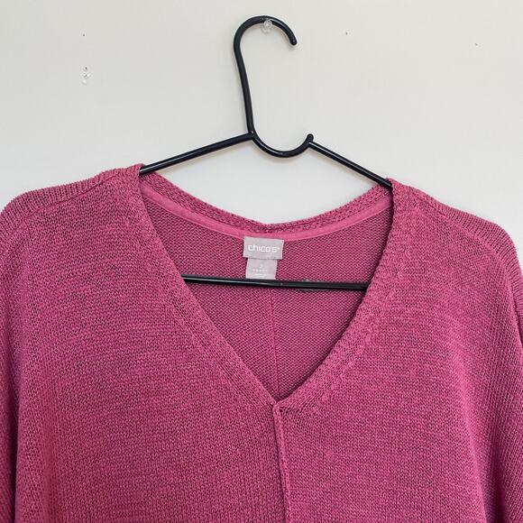 Chico's Womens Sweater Size 2 Pink Rose Short Sleeve Knit V-Neck Coastal Preppy - Picture 2 of 5